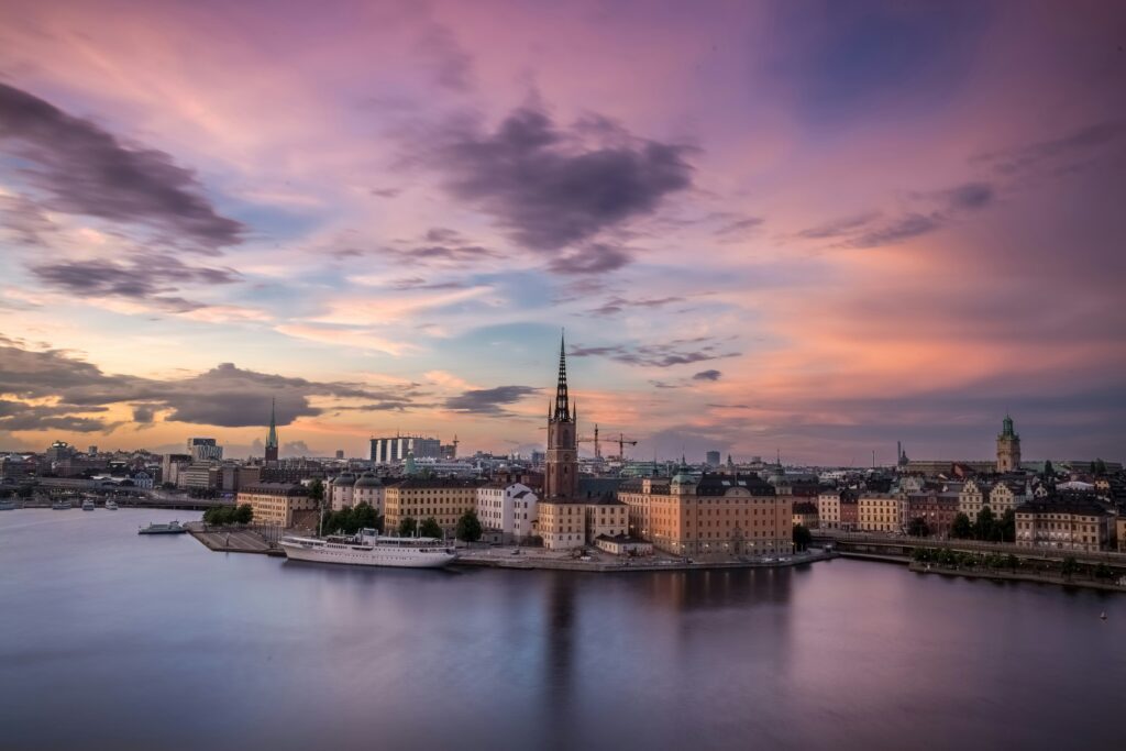 image of the city of Stockholm at sunset.